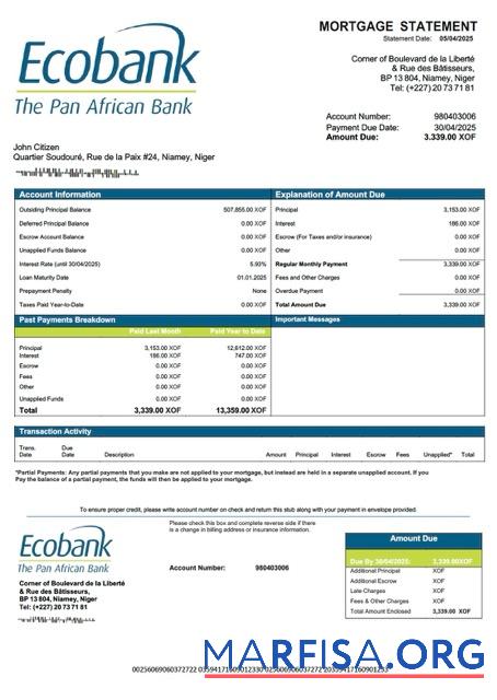 Printable Niger Ecobank mortgage statement Word and PDF template